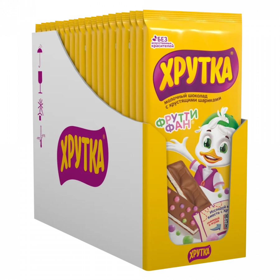 Хрутка. ФруттиФан. Молочный шоколад с молочной начинкой со вкусами фруктовый микс и банан, с хрустящими шариками 88г