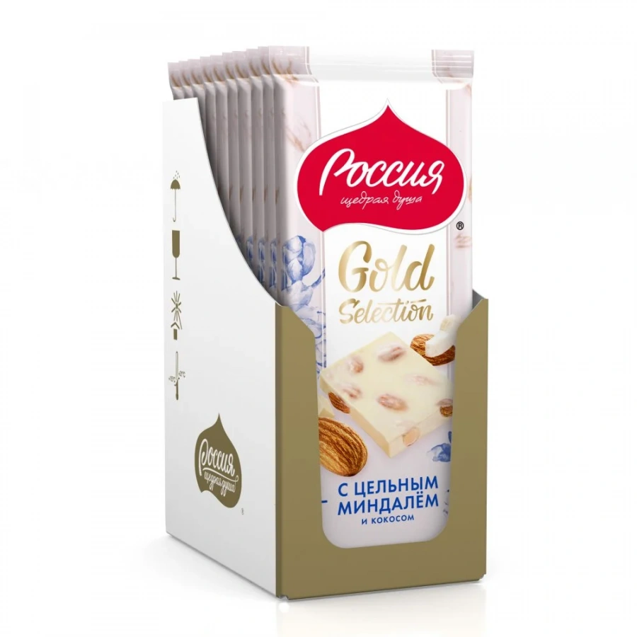 «Россия» - Щедрая Душа!® ГОЛД СЕЛЕКШН. Белый шоколад с миндалем и кокосом. 80г