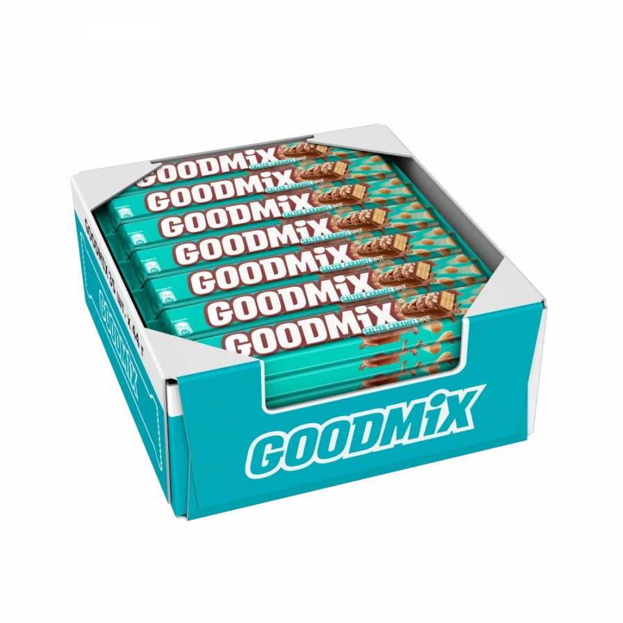 GOODMIX. Salted Caramel taste. Молочный шоколад с начинкой со вкусом соленой карамели, с хрустящей вафлей, декорированный. 44г