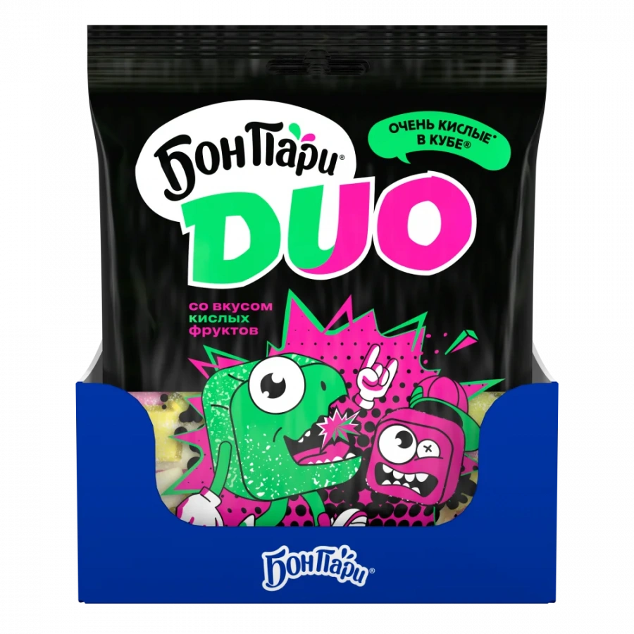 БОН ПАРИ®. ДУО. ОЧЕНЬ КИСЛЫЕ В КУБЕ®. МАРШМЕЛЛОУ. СБИВНОЕ КОНДИТЕРСКОЕ ИЗДЕЛИЕ СО ВКУСОМ КИСЛЫХ ФРУКТОВ.