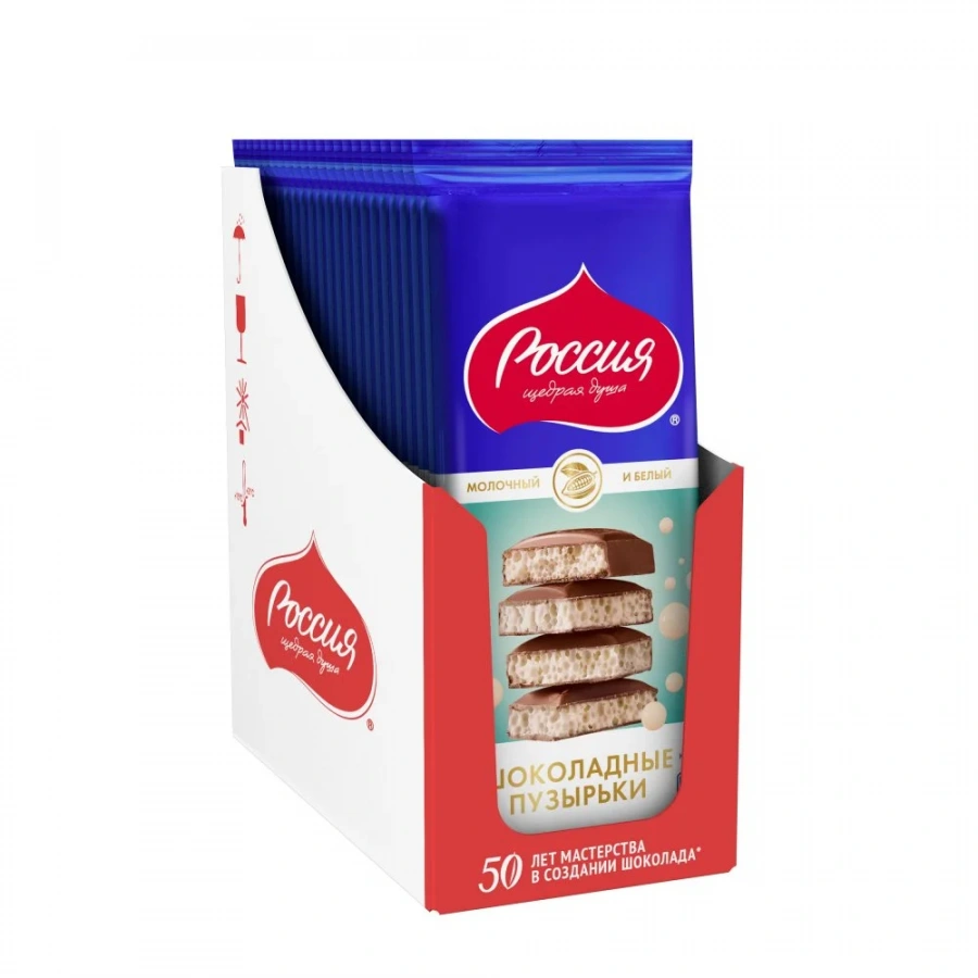 «Россия» - щедрая душа!®.  Шоколадные пузырьки. Шоколад молочный и белый пористый. 75г