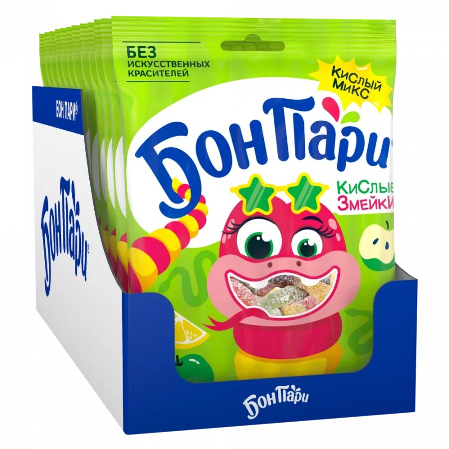 БОН ПАРИ®  КИСЛЫЕ ЗМЕЙКИ. МАРМЕЛАД ЖЕВАТЕЛЬНЫЙ ФИГУРНЫЙ СО ВКУСОМ ФРУКТОВ. 120г