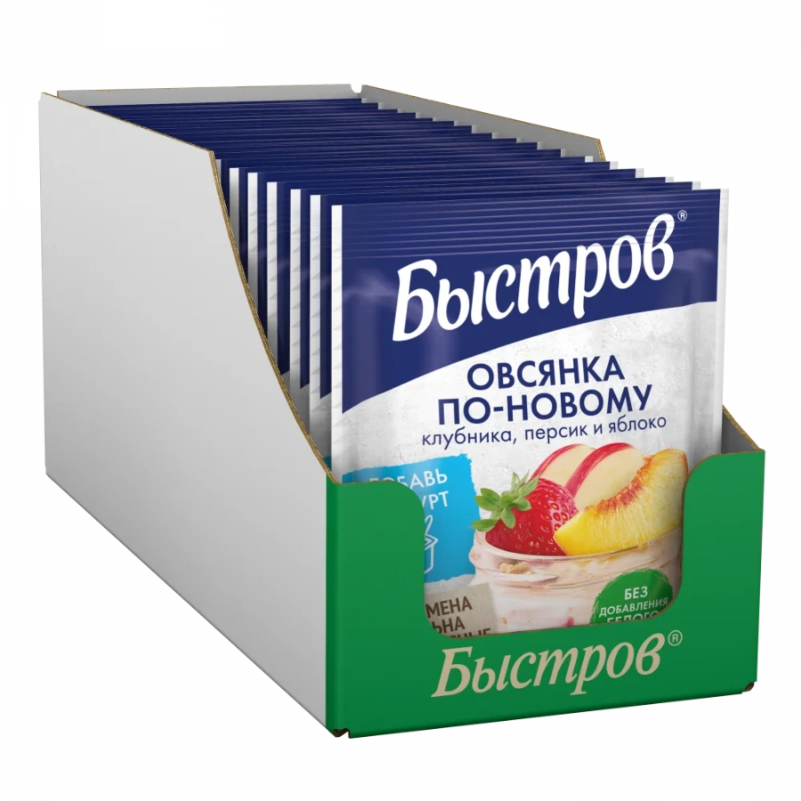 Быстров®. Овсянка по-новому. Хлопья овсяные, не требующие варки,с клубникой, персиком, яблоком, семенами льна и отрубями. 35г (17 пакетиков)