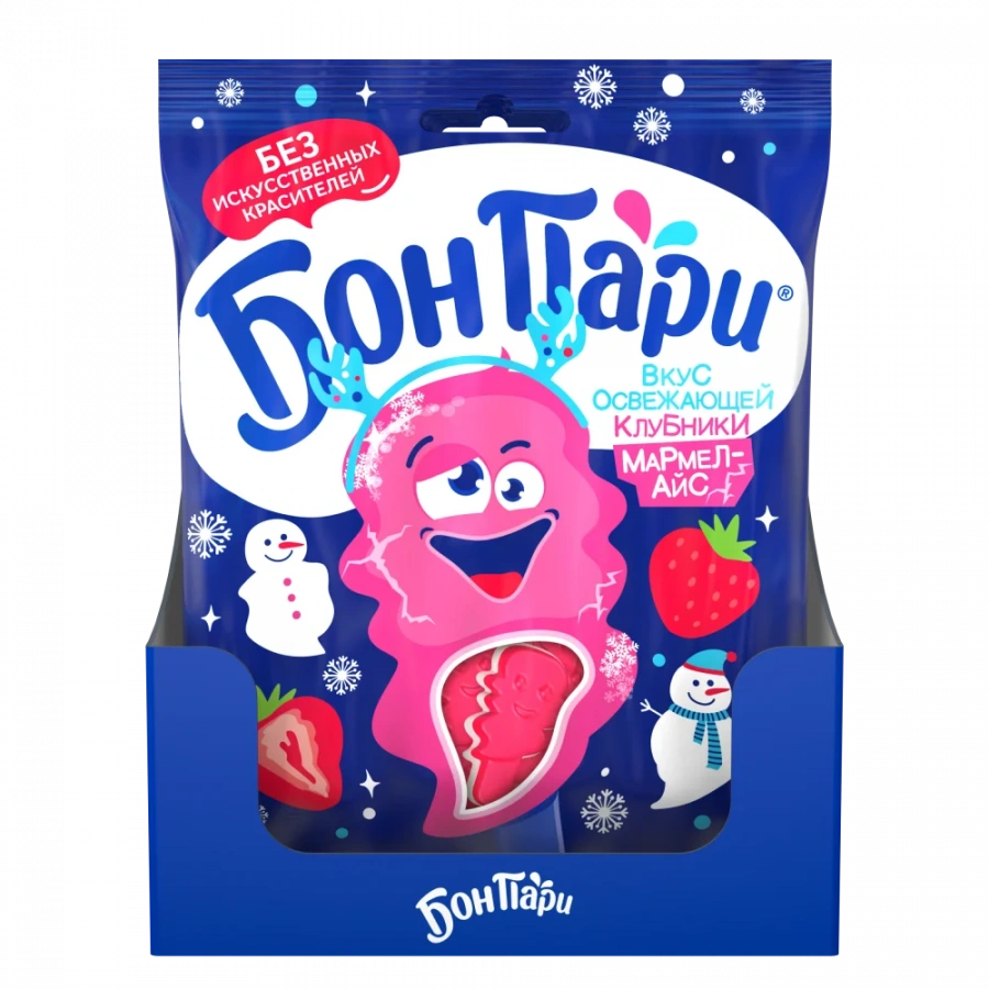 БОН ПАРИ® МАРМЕЛ-АЙС. ВКУС ОСВЕЖАЮЩЕЙ КЛУБНИКИ. МАРМЕЛАД ЖЕВАТЕЛЬНЫЙ СО ВКУСОМ ОСВЕЖАЮЩЕЙ КЛУБНИКИ.