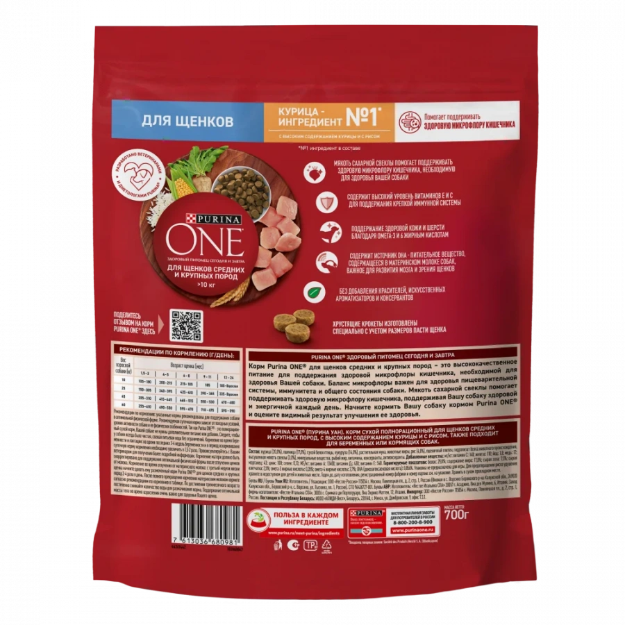 Сухой корм для щенков Purina ONE для средних и крупных пород с курицей и рисом 700 г
